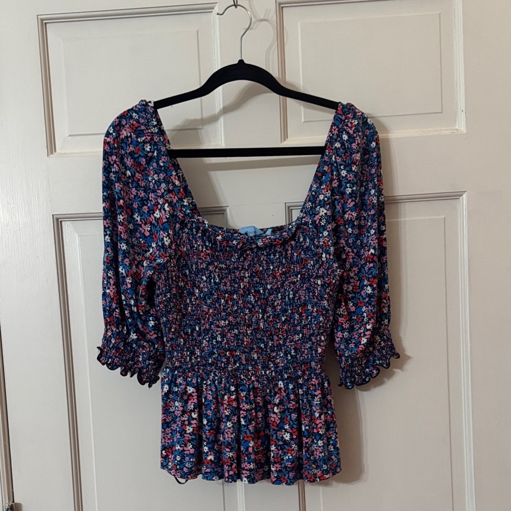 Draper James Blue and Pink Floral Smocked Blouse